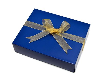 single blue gift box with gold ribbon and bow isolated on white