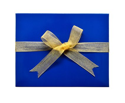 single blue gift box with gold ribbon and bow isolated on white