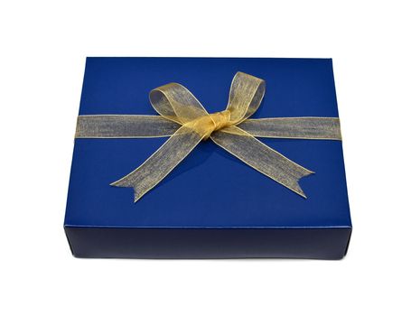 single blue gift box with gold ribbon and bow isolated on white