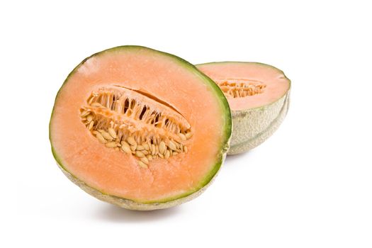 Fresh cantaloupe melon slices isolated on white background, fruits