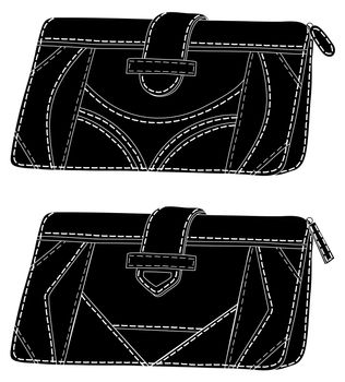 Two wallets for money, decorated with a pattern, black silhouette on white background.  illustration