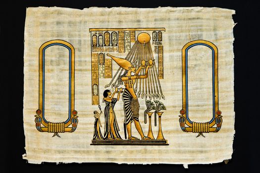 Sheet of Egyptian papyrus with ancient drawings, made in present days