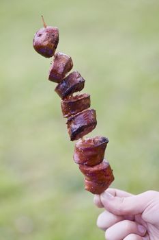closeup on grilled sliced sausage on a stick