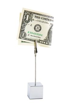 Small office desk stand with one american dollar banknote isolated on white