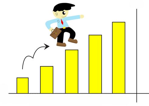 illustration of cartoon cute businessman run up on graph