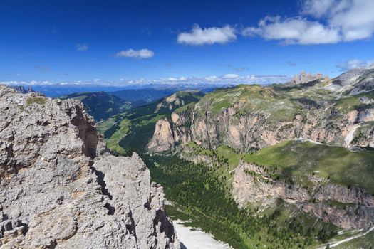 aerial view of Val Gardena on summer, Trentino Alto Adige, Italy