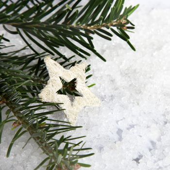 Christmas tree branches with white star ornament and snow