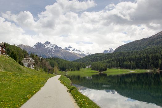 Lake St. Moritz , Switzerland. path along the lake shore