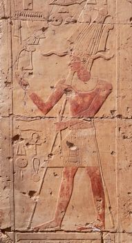 Closeup on ancient hieroglyphs in egyptian temple