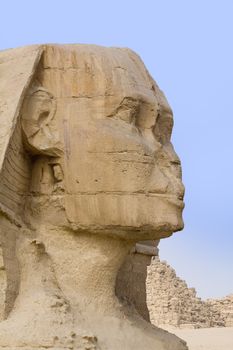 Focus on the stone face of the Egyptian Sphinx in Giza