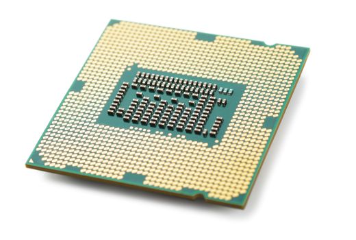 Macro view of processor microchip isolated over white background