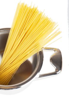 Bunch of spaghetti in a pot isolated over white background