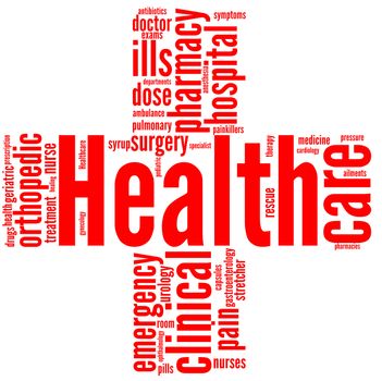 Good health and wellbeing tag or word cloud red cross shaped