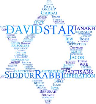 Illustration tag cloud of star of David on white background with blue words