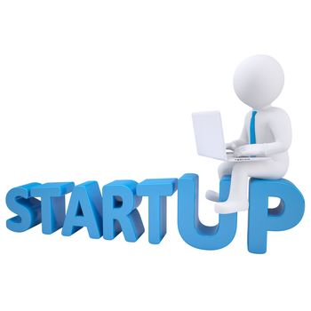 3d man sitting with a laptop on the word startup. Isolated render on a white background