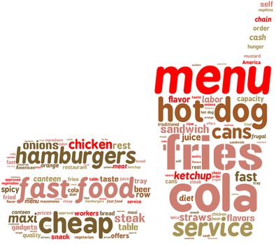 Fast food icon tag cloud with colored words on a white background