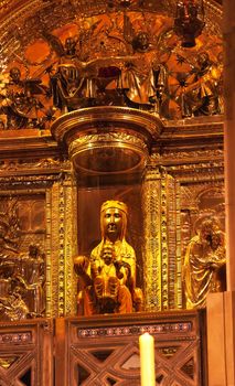 Black Madonna Basilica Inside Monestir Monastery of Montserrat, Barcelona, Catalonia, Spain on October 18, 2012.  Patroness of Catalonia, Carbon Dated to the12th Century  Founded in the 9th Century, destroyed in 1811 when French invaded Spain. Rebuilt in 1844 and now a Benedictine Monastery.  Placa de Santa Maria