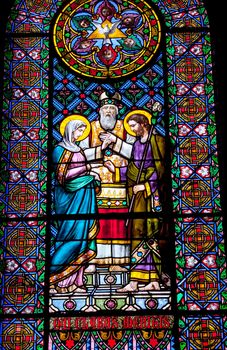 Stained glass Mary Joseph marriage rabbi in basilica inside Monestir Monastery of Montserrat, Barcelona, Catalonia, Spain.  Founded in the 9th Century, destroyed in 1811 when French invaded Spain. Rebuilt in 1844 and now a Benedictine Monastery.  Placa de Santa Maria