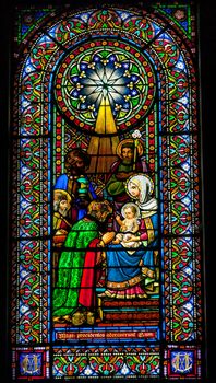 Stained Glass Magi Three Kings Baby Jesus Mary Monestir Monastery of Montserrat, Barcelona, Catalonia, Spain.  Founded in the 9th Century, destroyed in 1811 when French invaded Spain. Rebuilt in 1844 and now a Benedictine Monastery.  Placa de Santa Maria