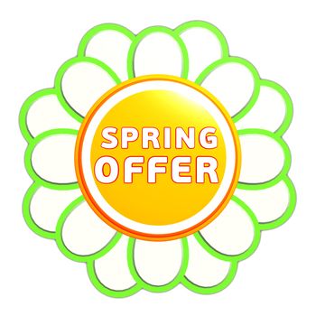 spring offer banner - 3d green orange flower label with white text, business concept