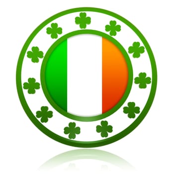 Irish flag in 3d circle badge with green shamrocks