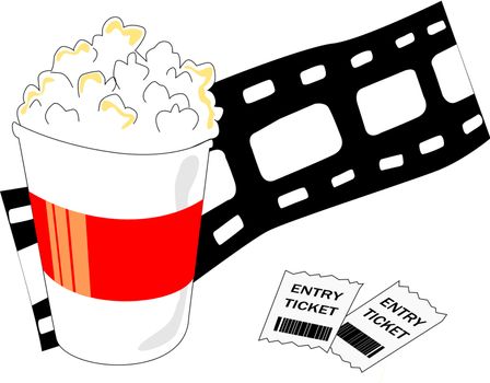 A popcorn bucket, movie tickets and a film roll represent the movie industry.