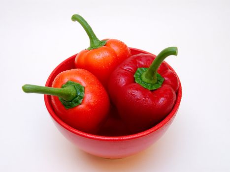 Three red paprikas in a red bowl on a white bakground