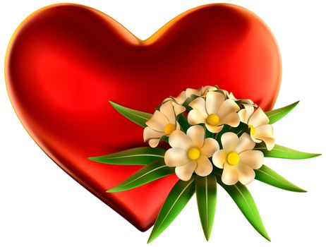 white flowers bouquet with big red heart for celebration of Valentine's Day on white background