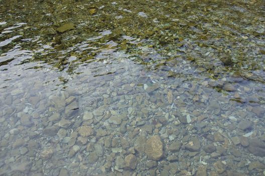 Background of shallow water of a river with gravel on the ground
