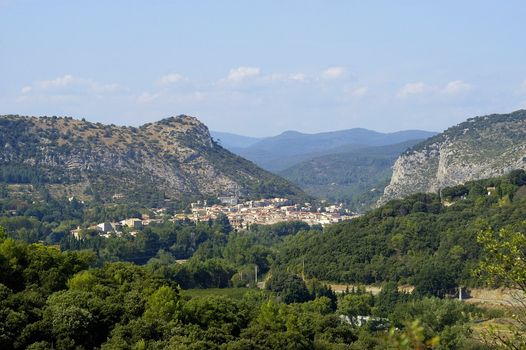 Anduze, French city of the Cevennes seen of the castle of Tornac