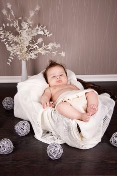 sweet little baby infant toddler on white  blanket in basket at home