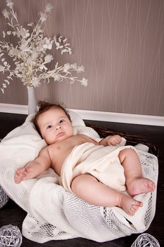 sweet little baby infant toddler on white  blanket in basket at home