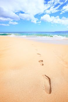 Beach travel vacation concept - footsteps in sand on beautiful sunny summer day during getaway holidays under the blue sky. From Makena beach, Maui, Hawaii