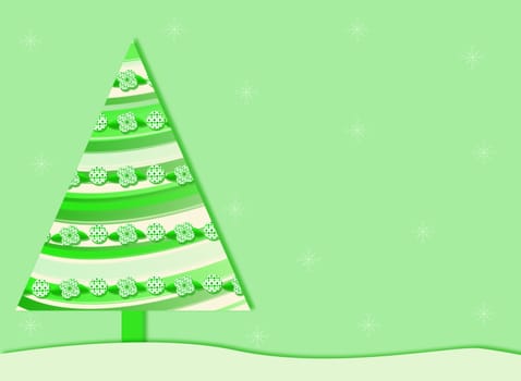 A green Christmas background with a retro Christmas tree and snowflakes