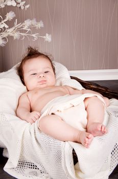 sweet little baby infant toddler on white  blanket in basket at home