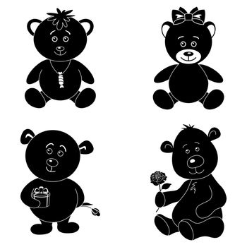 Set cartoon teddy bears with holiday objects, black silhouette on white background.