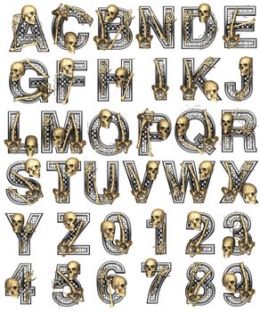 Metal alphabet with skeleton on white