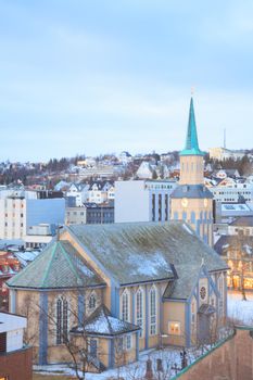 Aerial view of Tromso Cathedral Church in Troms Norway at dusk twilight