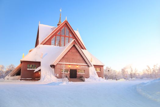 Kiruna cathedral church Architecture Sweden at dusk twilight with star trail