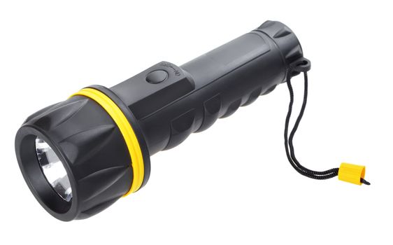 black electric pocket flashlight, isolated on white