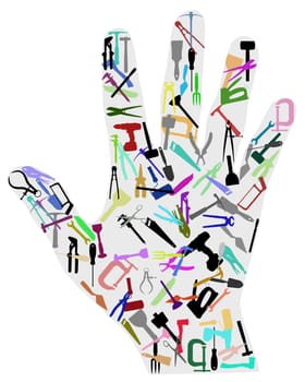 Illustration of a hand full of tools