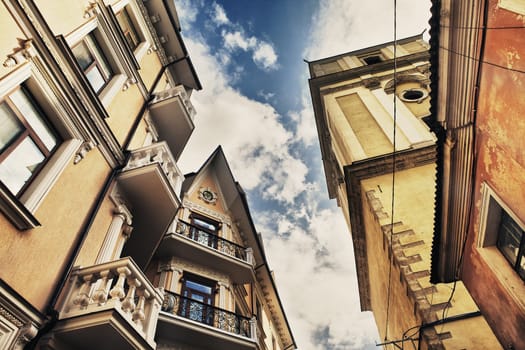 narrow street of old town, low angle view