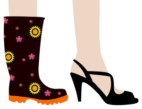 Illustration of two feet. one wearing a Wellington boot and the other wearing a high heel shoe