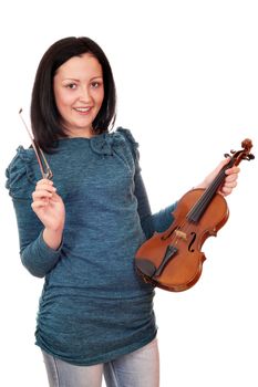 beautiful teenage girl with violin on white 