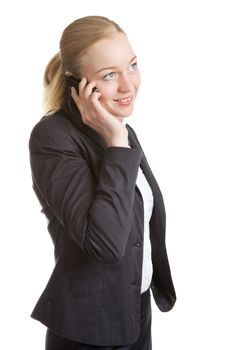 happy business woman talking on cell phone, isolated on white