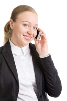 happy business woman talking on cell phone, isolated on white