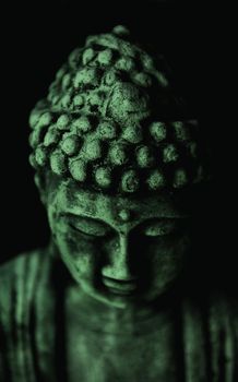 Buddha statue on black background with green