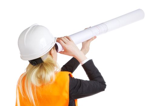 engineer woman looking from drawing tube like looking glass