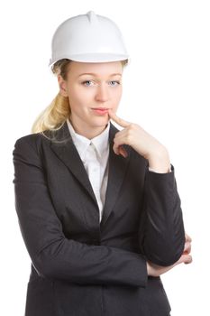 engineer woman in white helmet thought, isolated on white