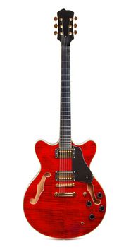 red semi-hollow electric guitar isolated on white background
